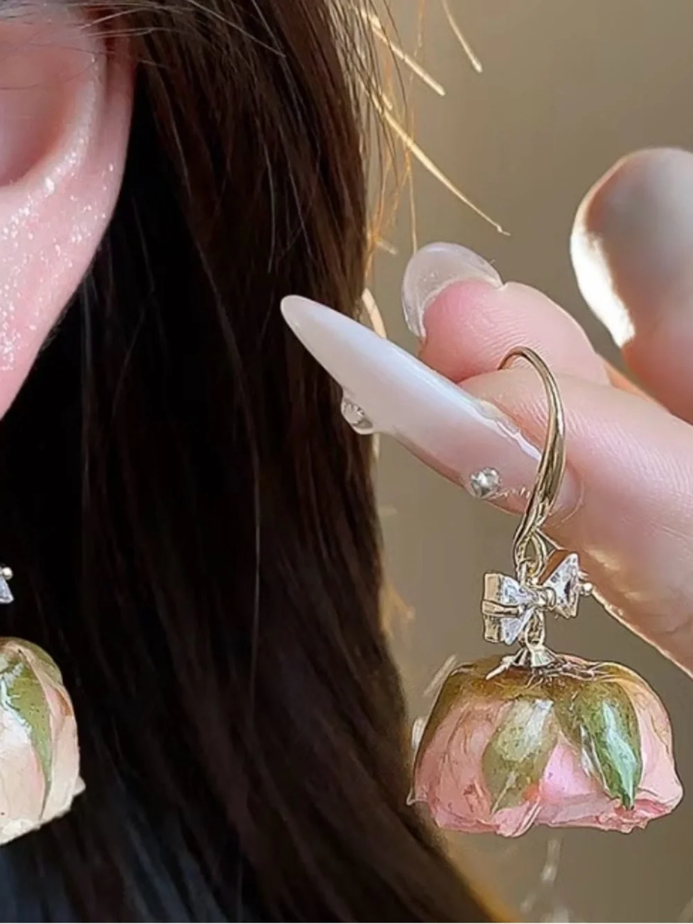 Gold Bow Pink Rose Drop Earrings by